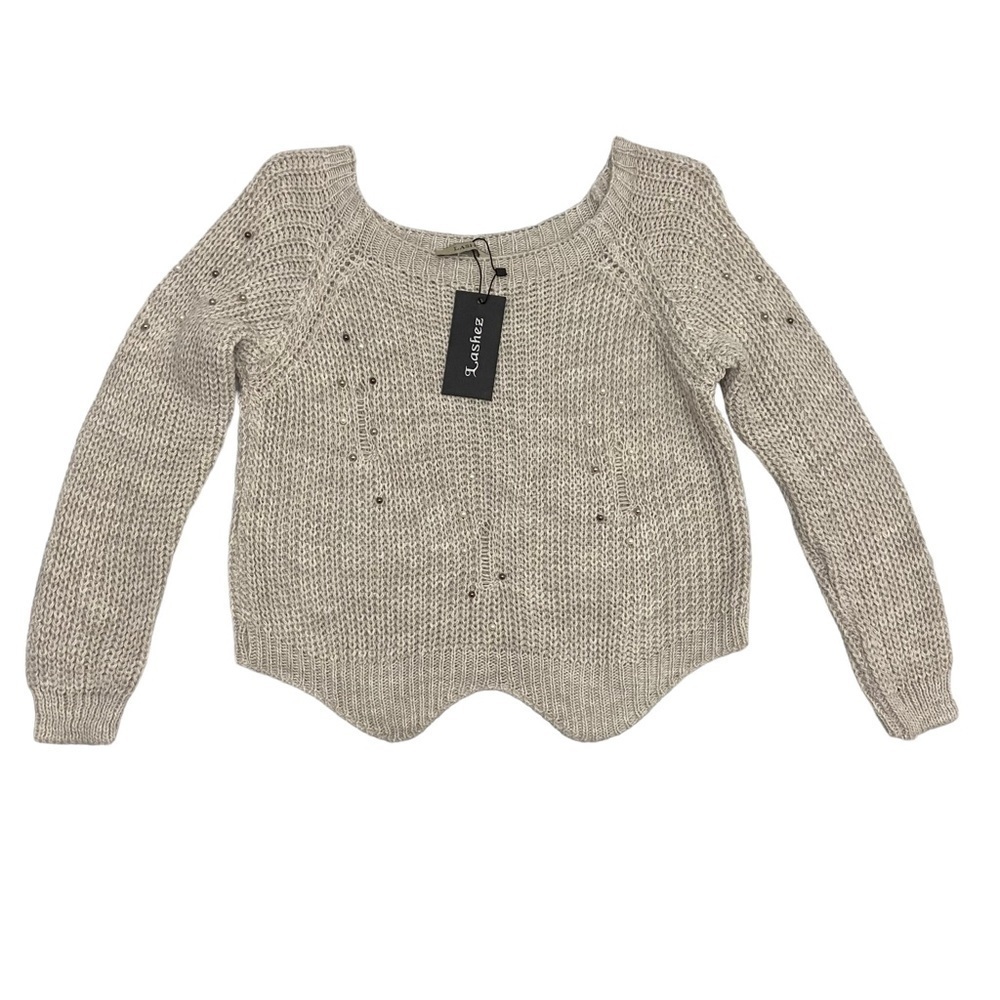 NWT Lashez Knit Crop Sweater Beaded Pearls | Women’s Cream Beige Ecru White NEW